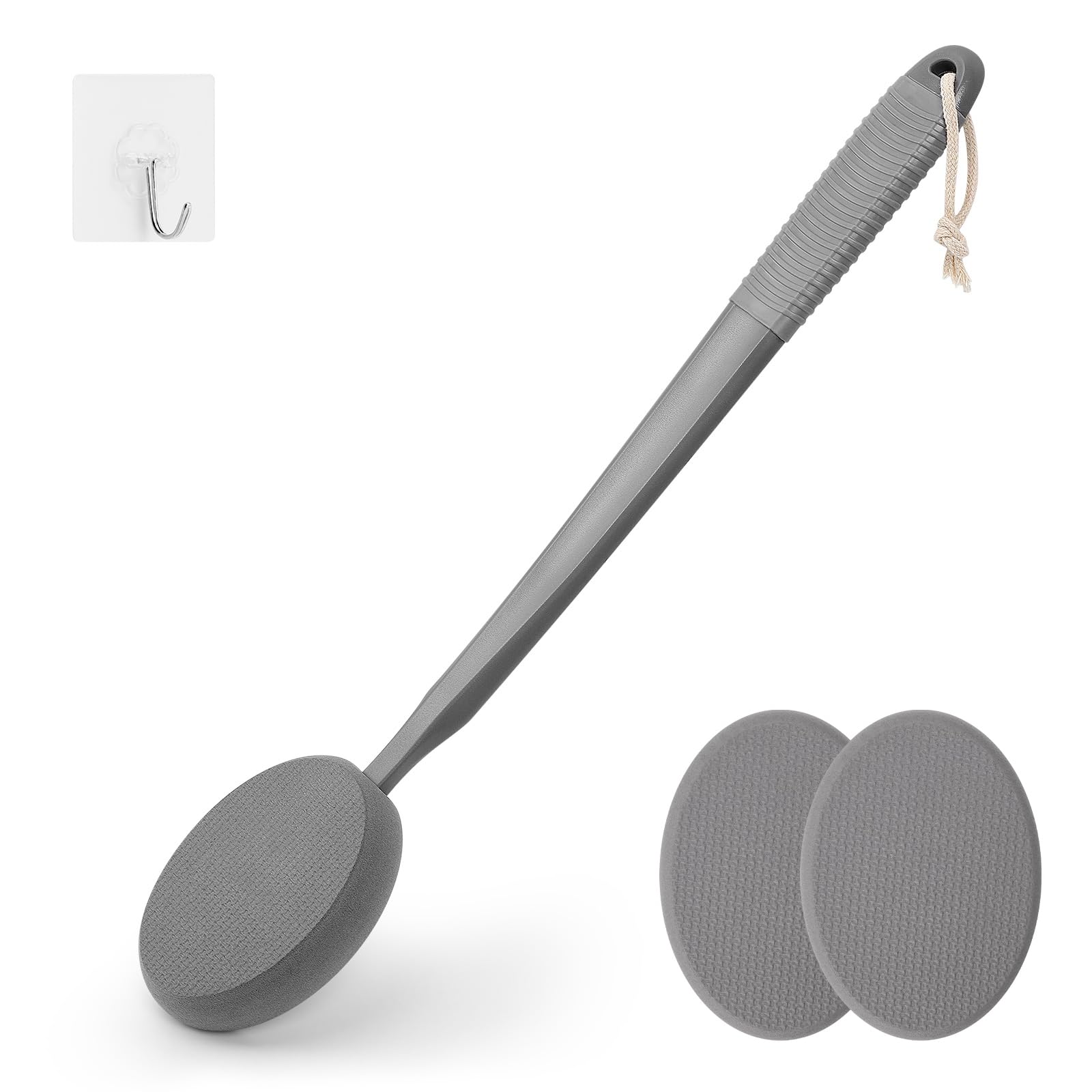 Lotion Applicator for Back, Feet & Legs, Long Plastic Handle Moisturizer Cream, Self Tanning, Sunscreen, Ointment, Medicine Back Applicator for Elderly Men or Women with 3 Washable Pads (Grey)