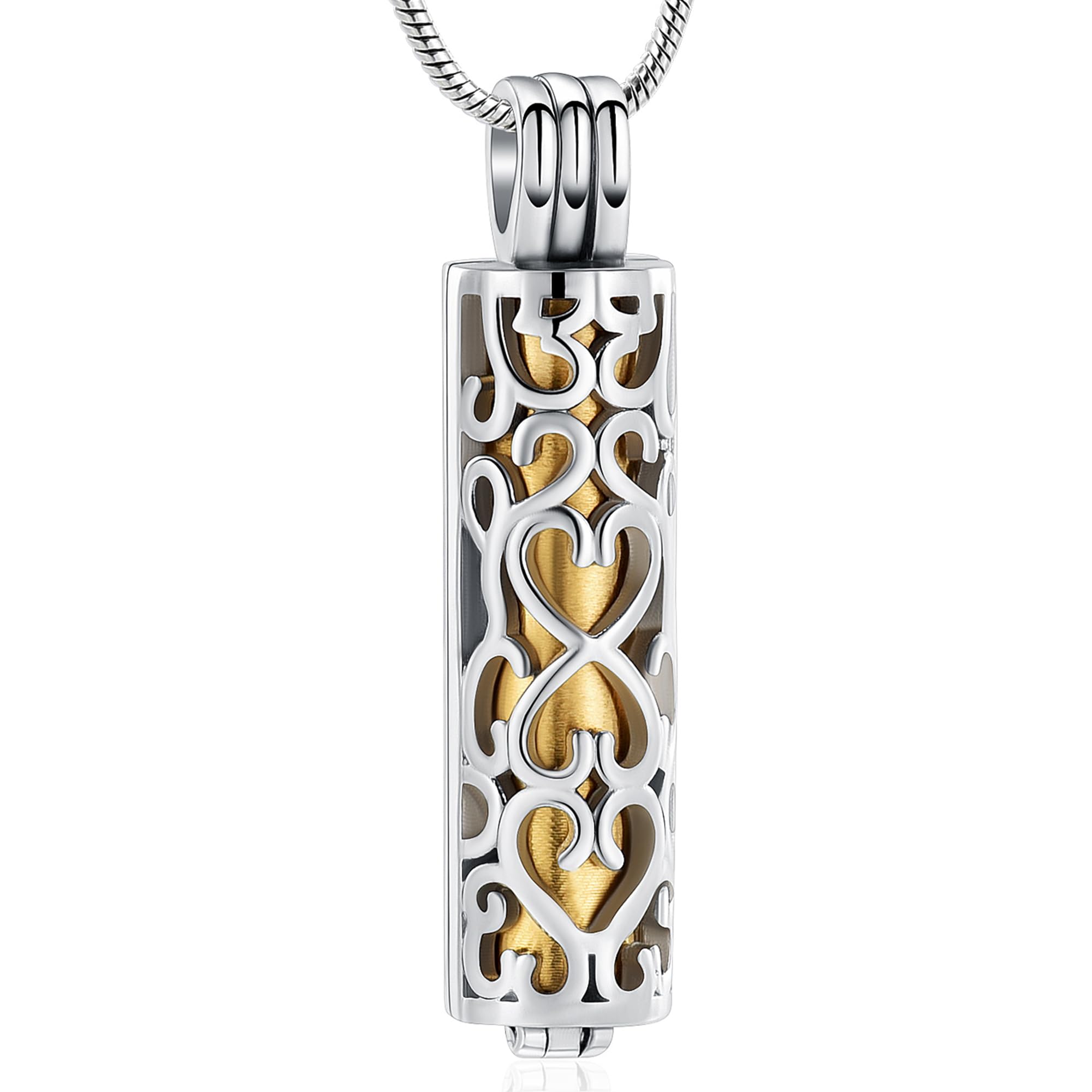 VCCWYQK Hollow Cylinder Urn Necklace for Ashes for Women Men Cremation Jewelry Keepsake Memorial Human Pet Ashes Pendant (Silver+Gold)