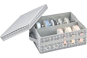 mDesign Gift-Wrapping Ribbon Storage Box with Handles - Holiday Bow Organizer Container with Lid - Christmas Giftwrap Ribbon Holder - Gift Storage Tote Bin and Bow Station with Polka Dots - Gray