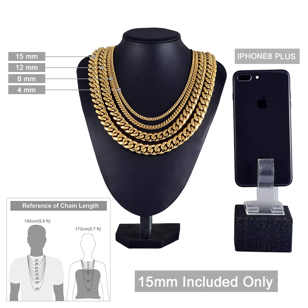 Jewelry Kingdom 1 Necklace and Bracelet for Men, 24K Gold Cuban Link Chain, Big and Heavy Miami Chain, 15MM Stainless Steel Curb Chain Choker for Boys and Bikers 8-30inches