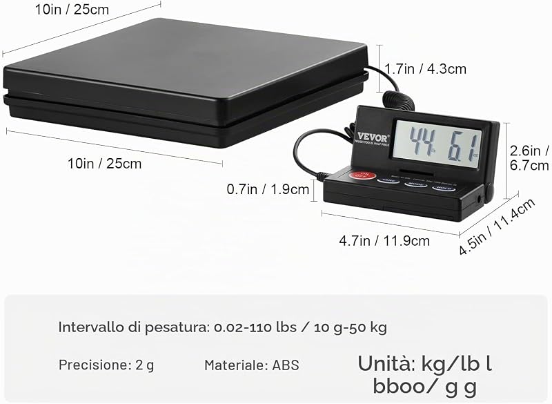 Bilancia Digitale Pesa Pacchi di Spedizione Pacchi Postali Uso Commerciale in ABS Carico tra 10g-50kg per Corriere Fattoria, Bilancia per Pacchi 250 x 250 x 43 mm Schermo LCD Funzione Tara Hold