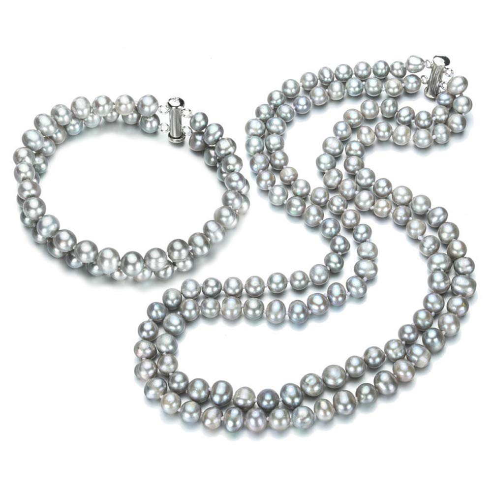 Two Row AA Grade 7-8mm Freshwater Pearl Necklace Bracelet Women Pearl set (Grey)