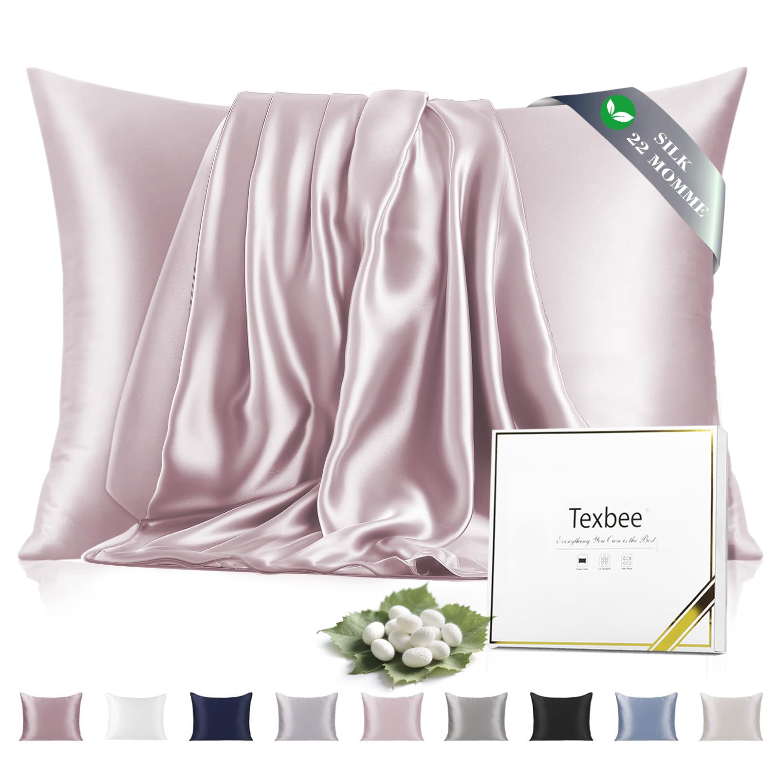 Texbee Silk Pillowcase, 22 Momme Mulberry Silk Pillowcases for Hair and Skin Health, Soft Smooth Breathable Cool Pure Pillow Case for Beauty Sleep, with Gift Box, 1pc (Standard 50x66CM, Pink)