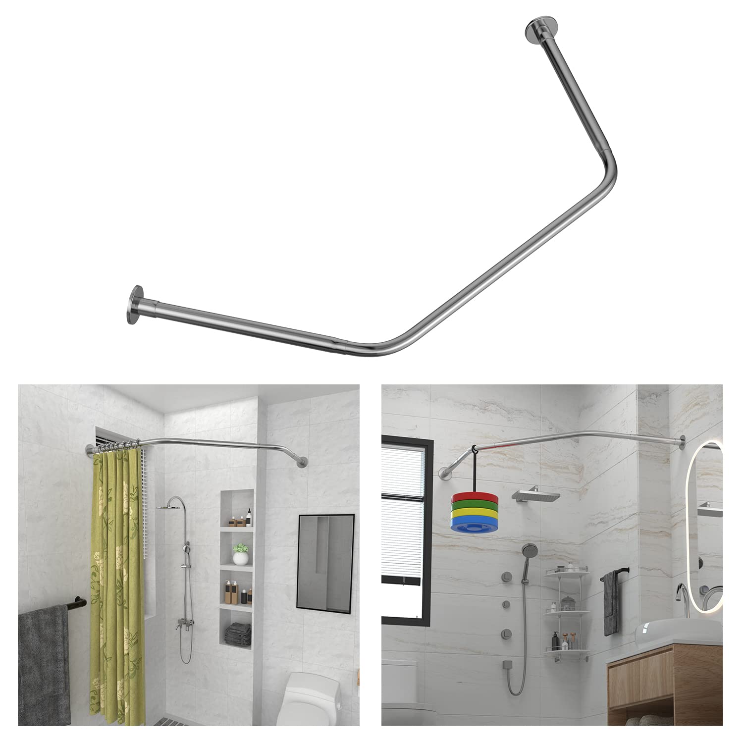 Tanxih Corner Shower Curtain Rod Adjustable Stainless Steel Diamond Shaped Rack Drill Free Install for Bathroom, Bathtub, Clothing Store (Diamond Shaped, Both Sides: 43-65cm,Middle:51-66cm)