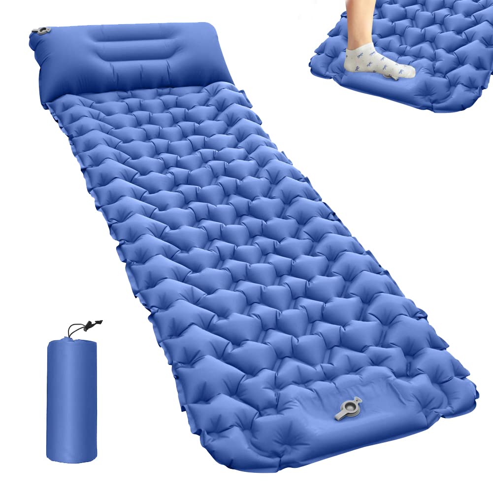 AOSEE Self-Inflating Camping Sleeping Mat with Pillow - Ultralight Backpacking Pad, Built-in Foot Pump, Waterproof Air Mattress for Hiking, Hammock, Travel(Blue)