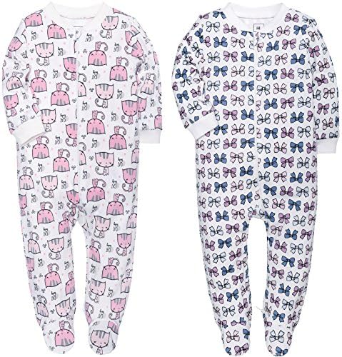 Footed Baby Girls 2-Pack Pajamas 100% Cotton Blanket Sleeper Pajamas Set Printing Kitty and Bow
