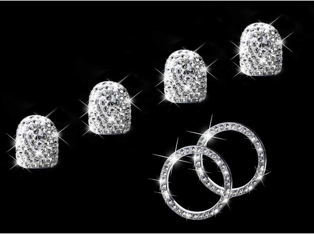 Tense Bling Valve Stem Caps, 4 Pack Bling Crystal Rhinestone Universal Tire Valve Caps with 2 Pack Bling Ring for Auto Star Engine Ignition Button, Luxury Car Accessories for Women (White)