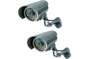 Yuarisx Dummy Security Camera Bullet Fake Indoor Outdoor CCTV Surveillance System with Realistic Simulated LEDs Flashing Lights and Warning Sticker Decals (2 Pack)