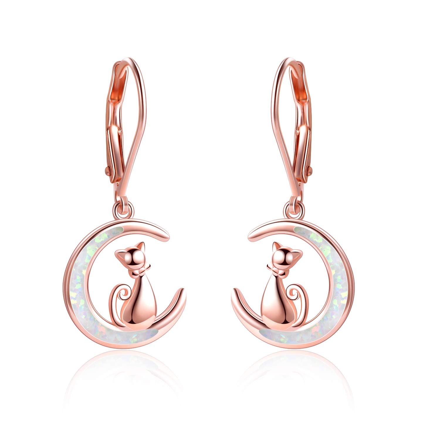 YFN Cat Earrings in Opal Moon Sterling Silver Kitten Stud Earrings for Girls (Rose Gold Moon Earrings)