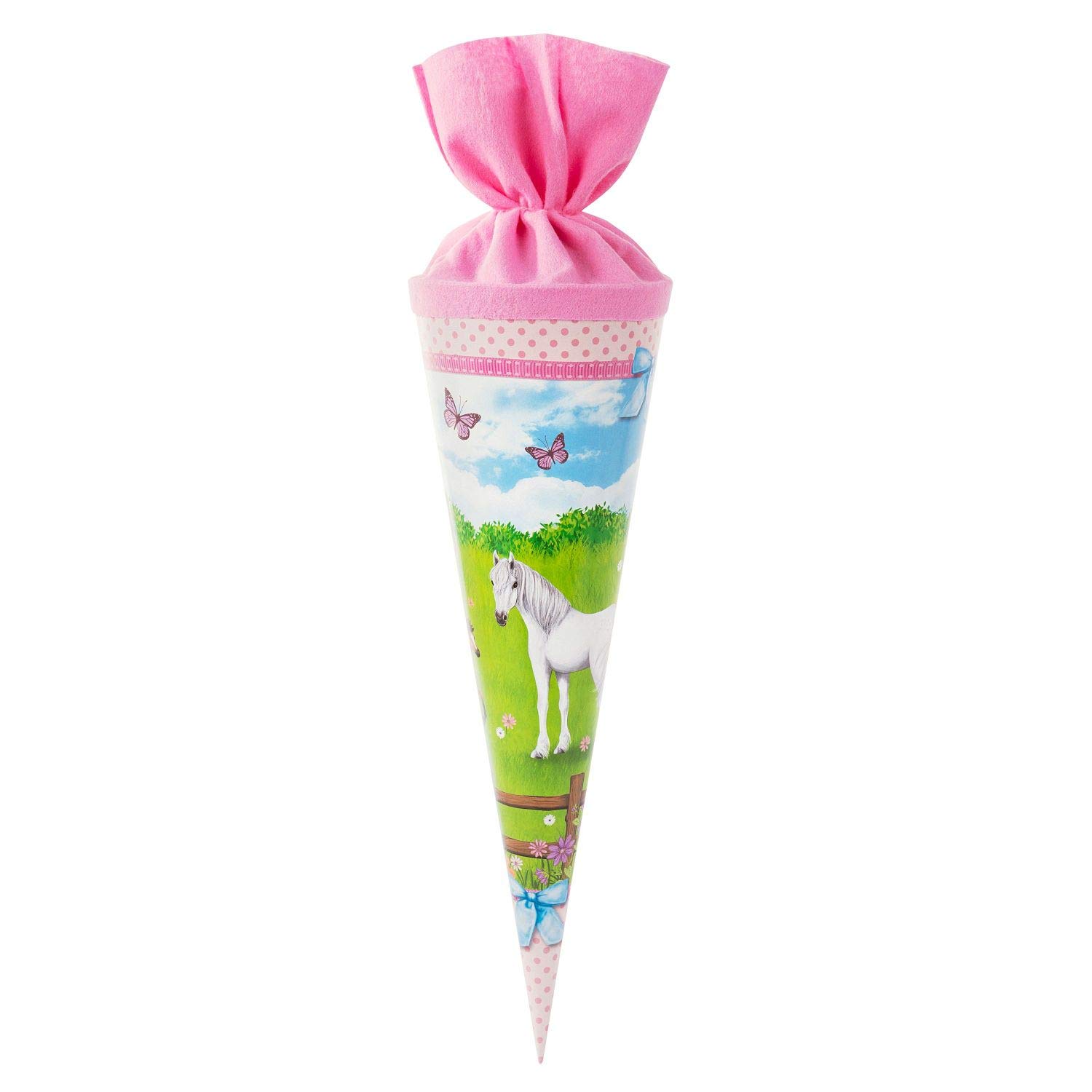 goldbuch 93 076 Sibling Bag Horse Pasture School Cone with Horse Motif, Varnished Cardboard, Gift Packaging with Pink Felt Closure (without Fastening Strap), Round Sweets Bag, Length 35 cm, Diameter