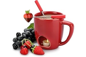 BSTKEY 230ML Personal Chocolate Fondue Mug Set, Ceramic Butter Warmer Set, Mini Melt Hot Pot Cup Set for Cheese Chocolate Butter Caramel, with 2 Forks (Red)
