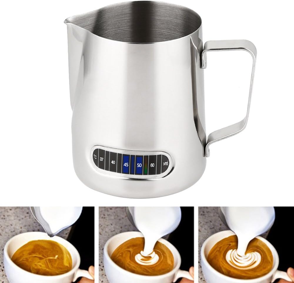 Milk Jug Frothing Pitcher with Thermometer Stainless Steel Temp Control