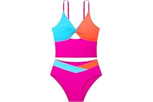 Doumlop Girls Swimsuit Color Block Girls Bathing Suit Twist Tankini Set Two Piece Girl Swimwear Bikini Set for 9-16 Years