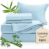 Bamboo Sheets King Sheets Set, 100% Organic Viscose Derived from Bamboo Bed Sheet Set, Luxuriously Soft & Cooling,4 Pcs Bed Set with Deep Pockets,Wrinkle Free, Double Stitched Seams (Sky Blue )