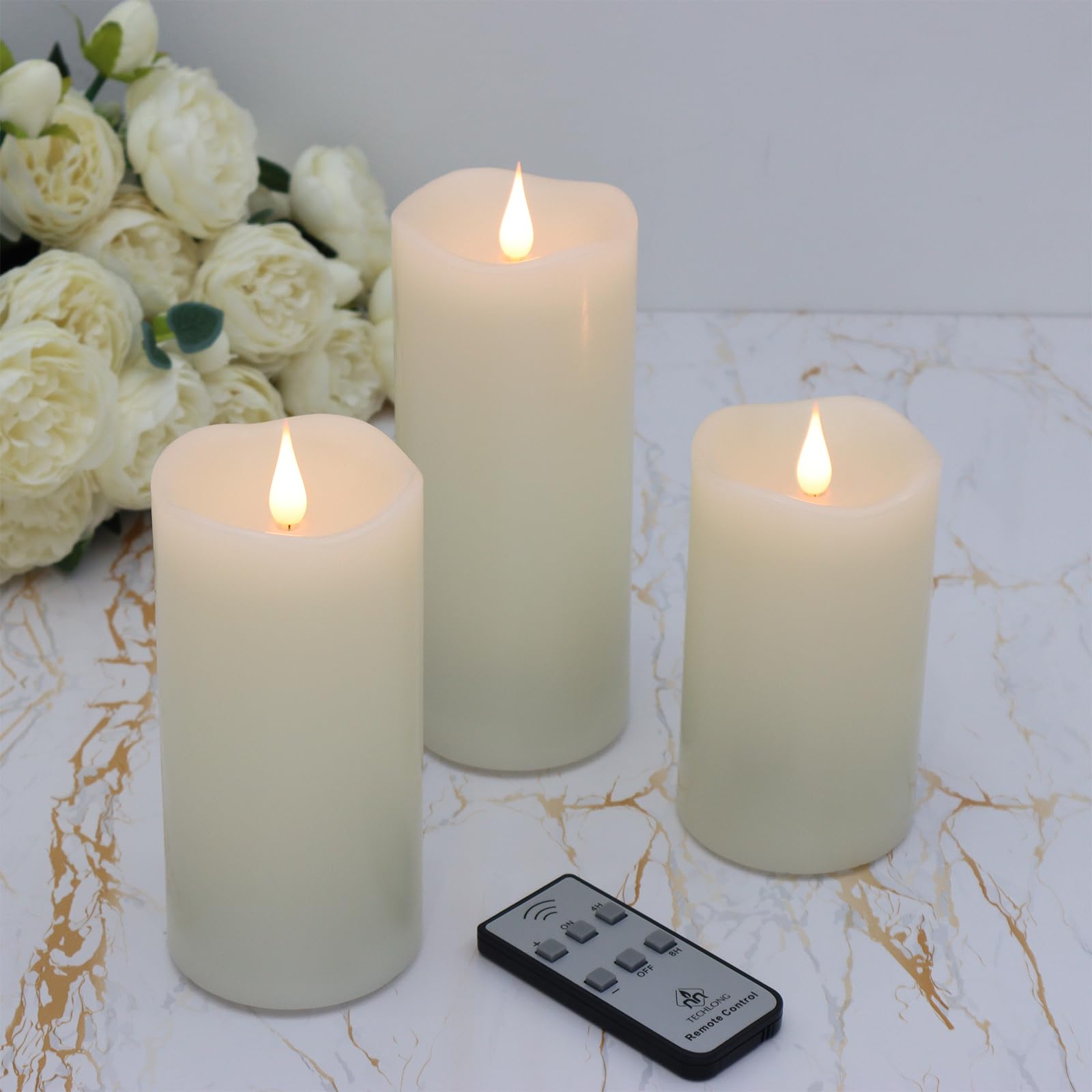 Photo 1 of **ONLY 2**
3 Pack Flickering Flameless Candles Battery Operated with Timer, 3D Moving Flame Last 1000+ Hours, Ivory Real Wax Electric LED Pillar Candle for Wedding Christmas Decorations