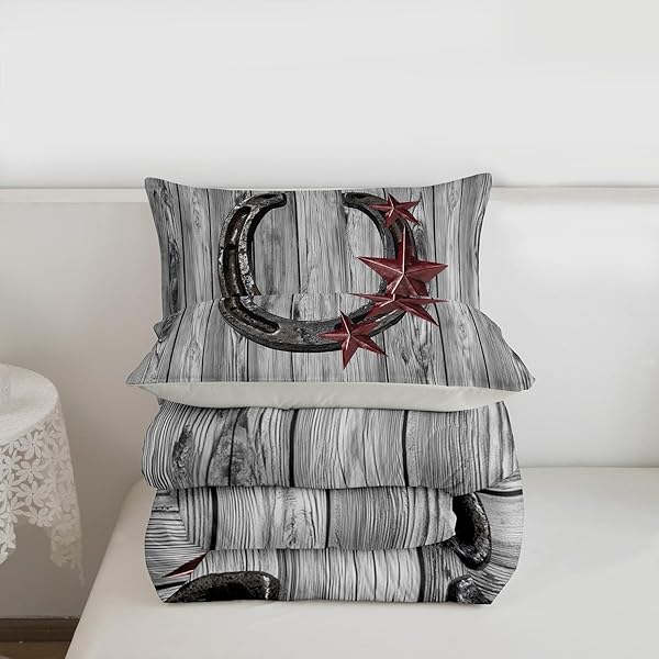 CASTLE FAIRY GREY RUSTIC BARN BEDDING SET FULL SIZE WESTERN COWBOY HORSESHOE COMFORTER SET FOR KIDS BOYS ADULTS TEENS ROOM DECOR VINTAGE FARMHOUSE WOODEN QUILT SET STAR HORSESHOE DUVET INSERT 3PCS