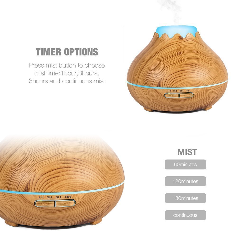 Umidificatore legno 150ml, Aroma diffusore, Wood looking umidificatore Snowberg Cool Mist Olio essenziale 7 colori LED Diffusore ad ultrasuoni per uso domestico Baby Office (aspetto del legno chiaro)