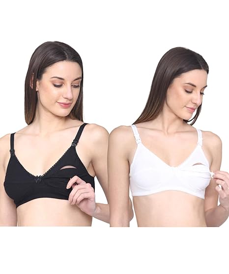 Women's Cotton Seamed Non Padded Feeding Nursing Maternity Bra_Black,Cream_30_Combo of 2