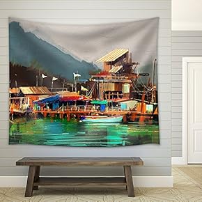 Seascape Painting Showing Old Fishing Village,Digital Painting - Fabric Wall Tapestry Home Decor - 51x60 inches