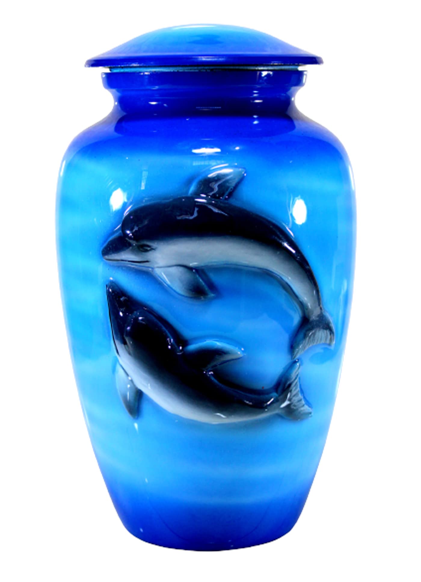ESPLANADE Metal Cremation Urn Memorial Jar Pot Container | Full Size Urn for Funeral Ashes Burial | 3D Dolphin Printed | Blue-Black - 10" Inches