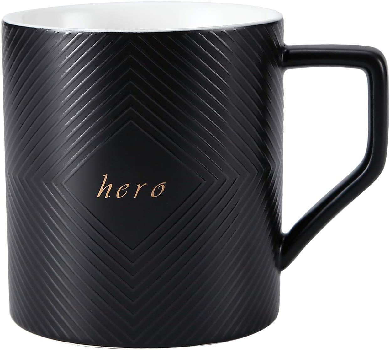 Coffee Mug Milk Tea Mug Durable Porcelain with Decal and Words"Hero", 12 Oz Wedding Gift for Groom Unique Gifts for Men, Valentine's Day, Anniversary, Birthday, Christmas and Holiday (Black)