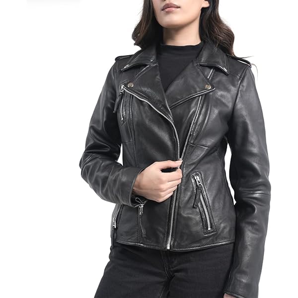 Womens Biker Leather Jacket Black Stylish Short Slim Fit
