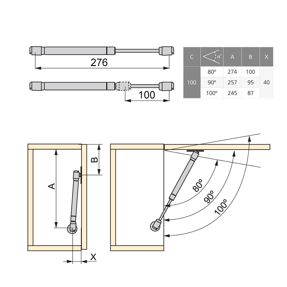5 kg 100 mm Emuca 1273625 Kit pistón amortiguador fuerza 5Kg carrera
