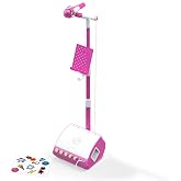FAO Schwarz Karaoke Microphone with Stand, Device Holder &amp; Built-in Speaker | Adjustable Mic Stand, 5 Built-In Songs, Aux Input, Device Holder, Voice Effects, Stickers, Karaoke Singing Toy, Gift for Kids