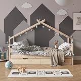 VitaliSpa House Bed 90x200 cm, Natural Wood, Guest Bed & Safety Rail view 2