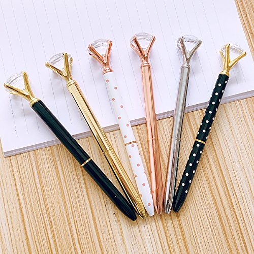 Youyuan 6 Pcs Diamond Ballpoint Pen Rose Gold Pens with Big Rhinestones Crystal Metal Ball-Point Bling Pen for Stylish Fancy Office Supplies, 12 Black Refillable Ink, 6 Different Colors