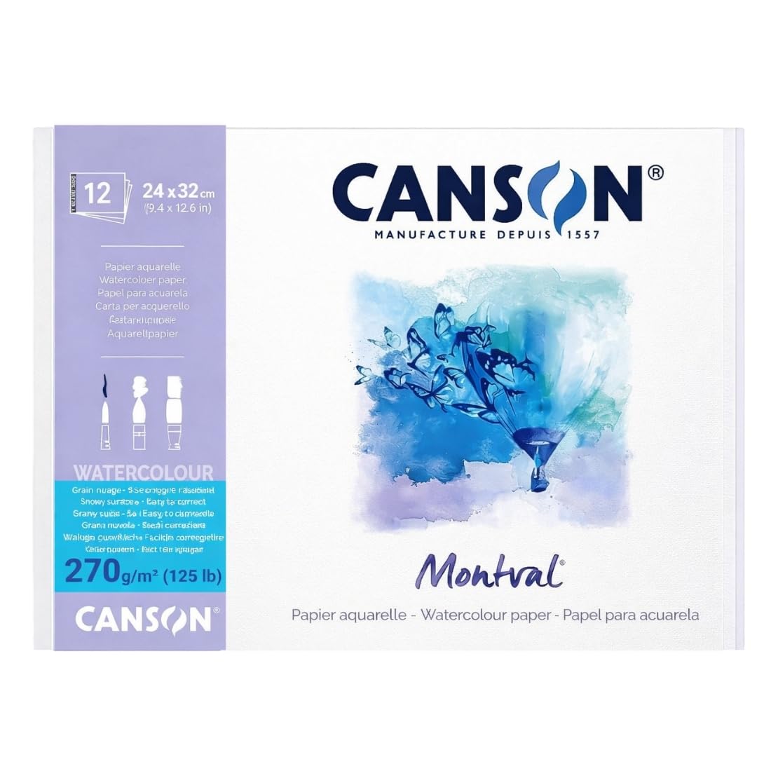 Canson Montval 270gsm watercolour practice paper pad including 12 sheets, size:24x32cm, natural white and Snowy grain texture