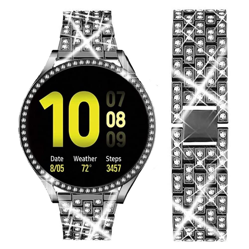 DEALELE Strap Compatible with Samsung Galaxy Watch Active 2 40mm / Active 2 44mm, 20mm Rhinestone Diamond Metal Steel Bracelet with Protective Case Cover Replacement for Women Men, Black, 40mm