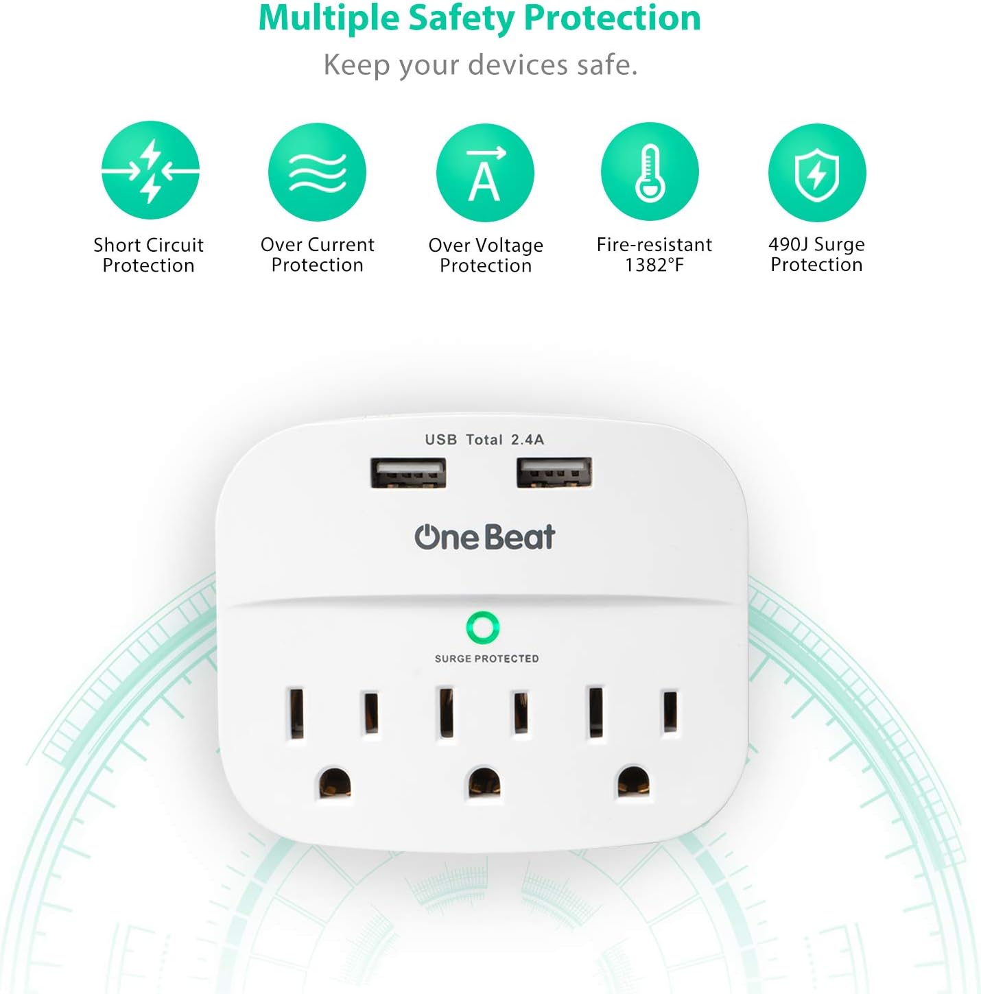 3-Outlet Surge Protector, Multi Plug Outlet Extender Power Strip with 2 USB Wall Charger(Smart 2.4A), 490 Joules, ETL UL Listed, Outlet Adapter for Home, School, Office: Electronics