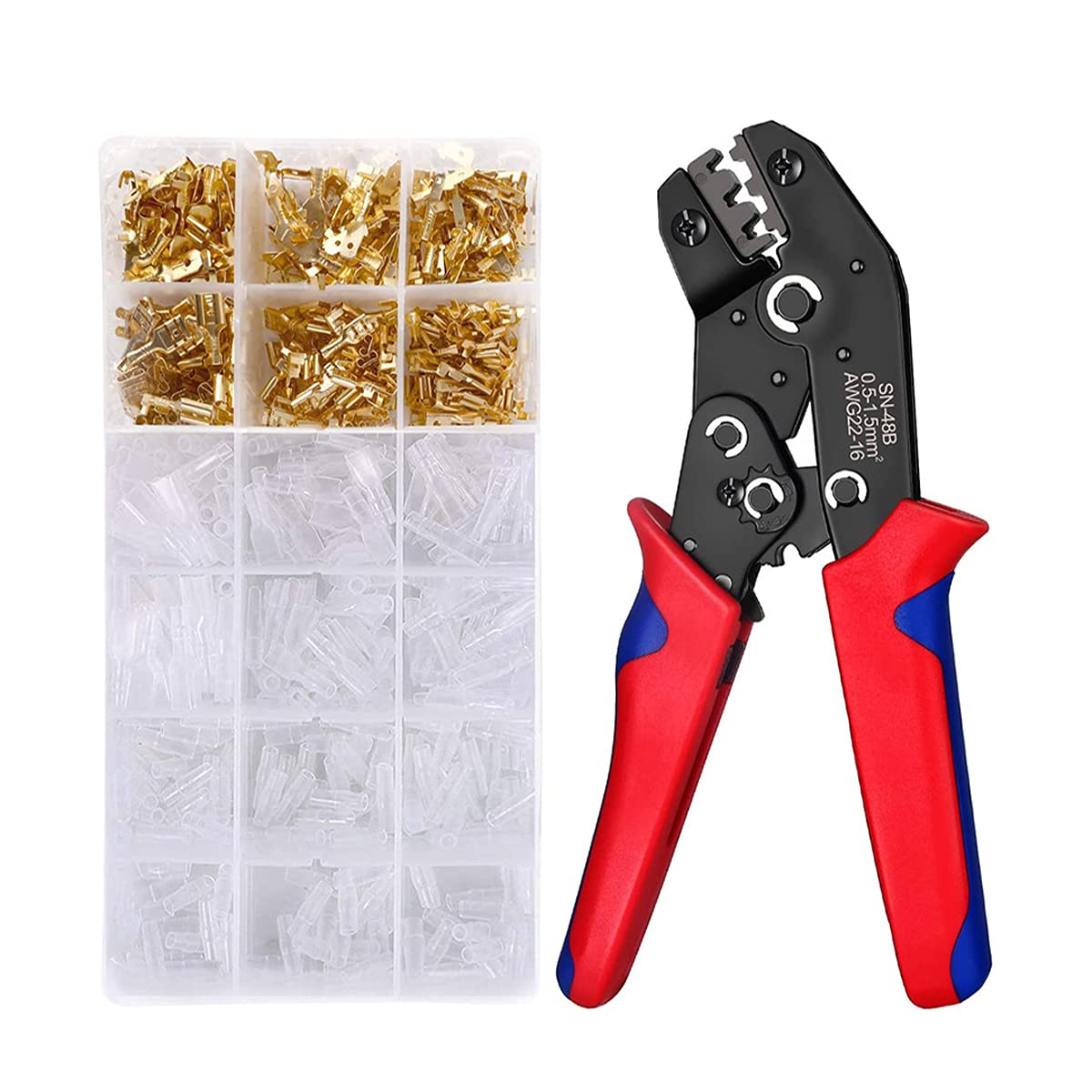 Wire TerminCrimping Tool Kit, GFFG 600PCS Ratchet Wire Crimping Tool AWG 22-16 (0.5-1.5mm2) with Male and Female Spade Connectors with Insulated Sleeves for Wiring Project