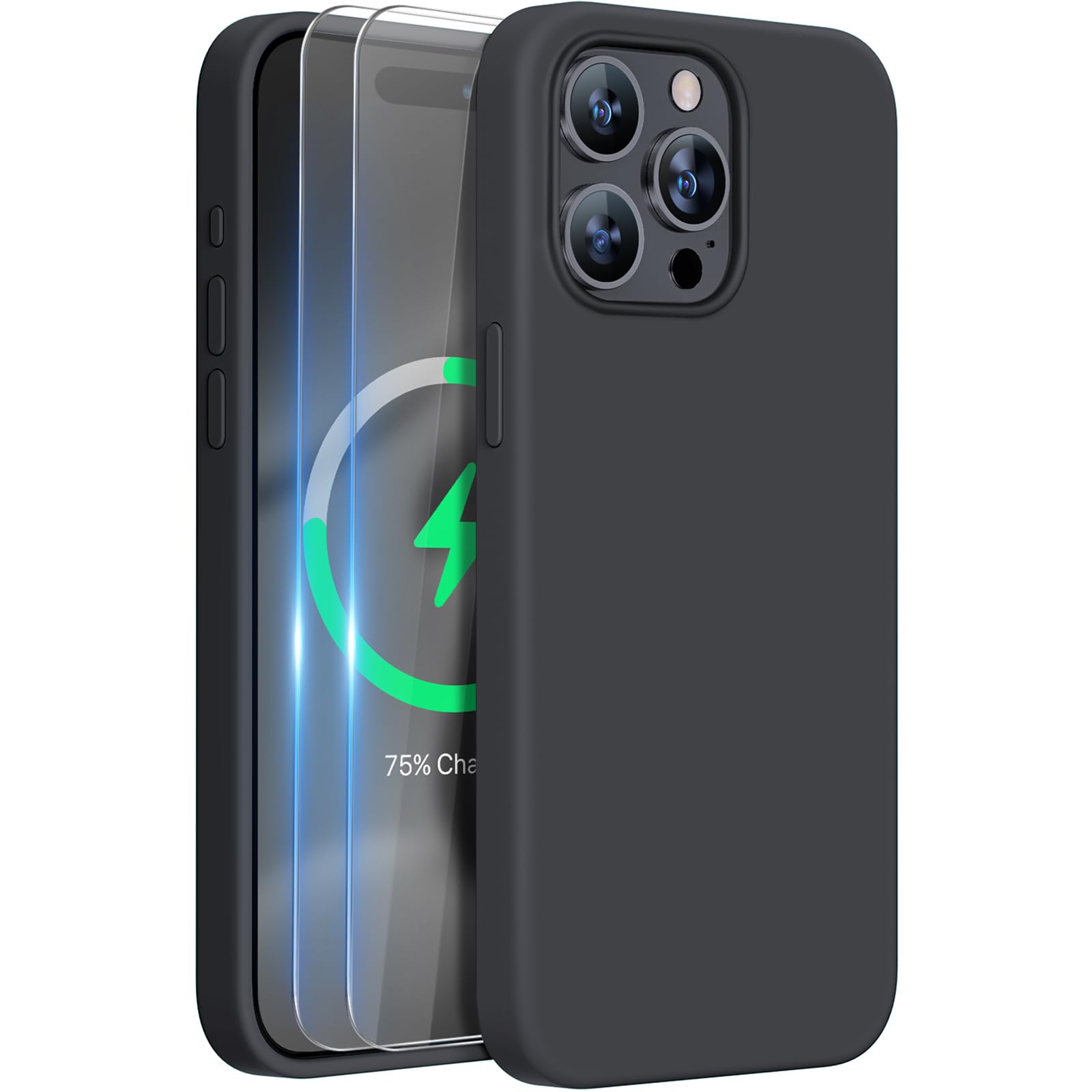 Photo 1 of Miracase for iPhone 15 Pro Max Case, [with 2X Screen Protectors], Compatible with MagSafe, Liquid Silicone Case Shockproof Drop Protection Phone Case for 15 Pro Max, Black Magnetic