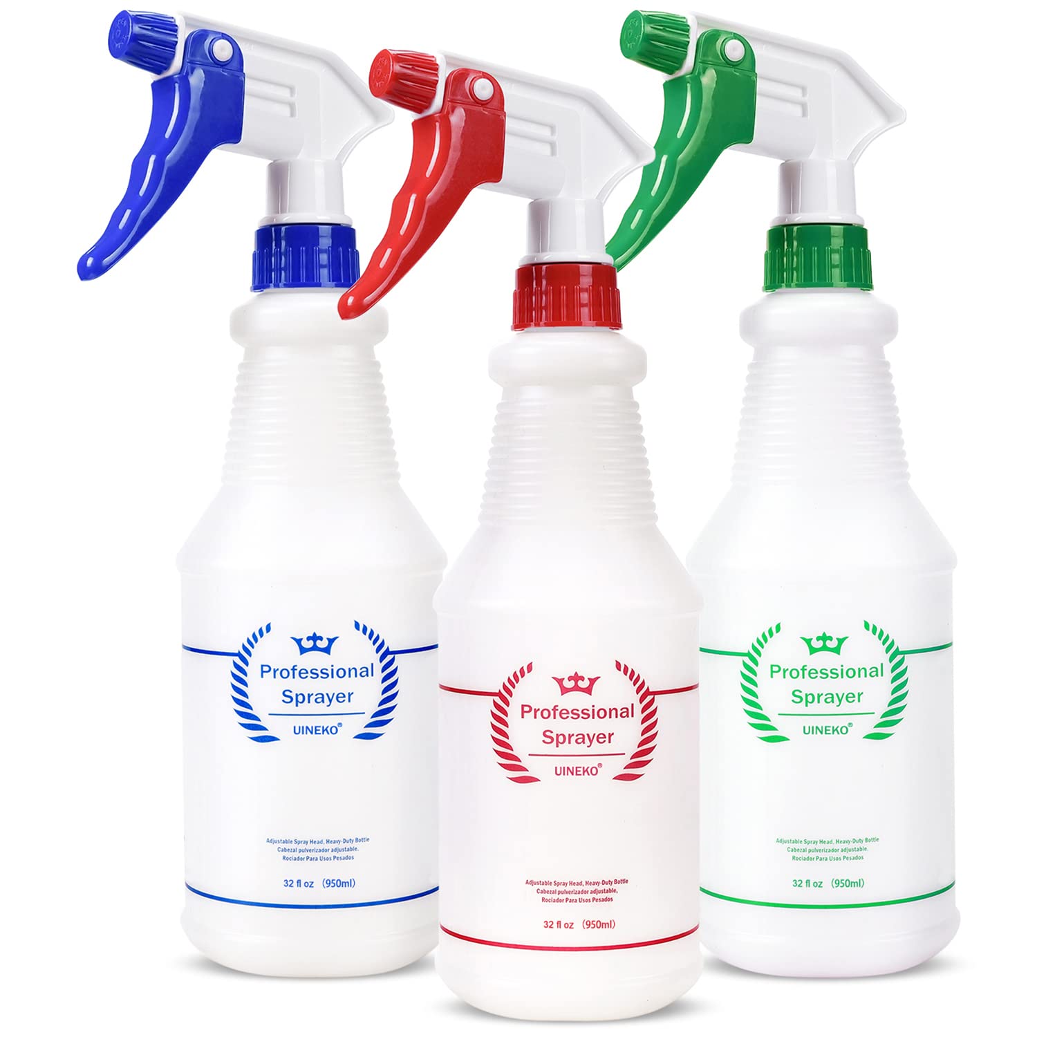 Photo 1 of ** MISSING SPRAY NOZZEL TOPS** Uineko Plastic Spray Bottle (3 Pack, 32 Oz, 3 Colors) Heavy Duty All-Purpose Empty Spraying Bottles Leak Proof Commercial Mist Water Bottle for Cleaning Solutions Plants Pet with Adjustable Nozzle