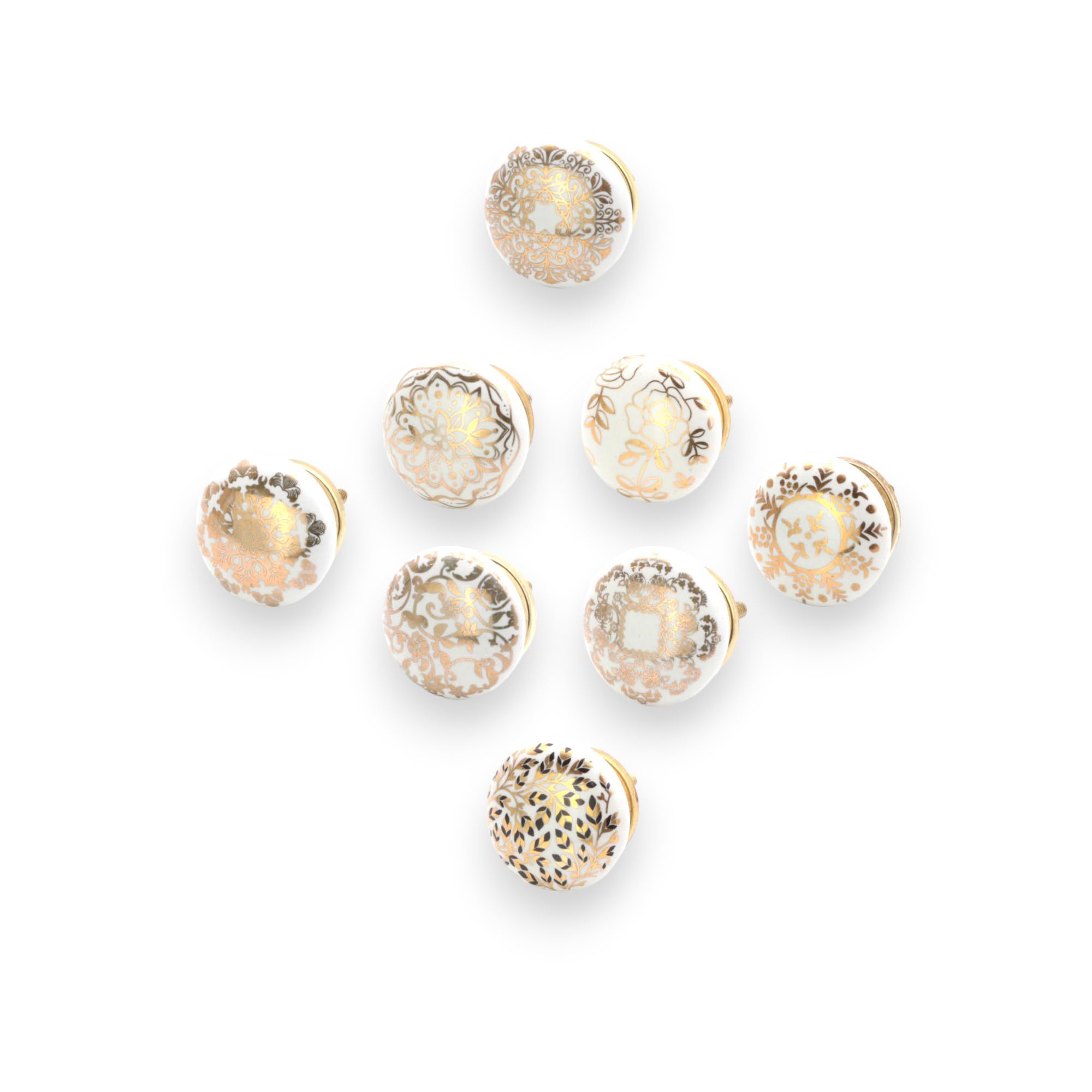 Infinity Decor Pack of 8 White & Golden Colour Designed Ceramic Cupboard Knobs – 38mm Shabby Chic Pull Handles for Chest Drawers, Cabinet Door, Wardrobe