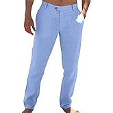 Runcati Mens Casual Pants Elastic Waist Linen Lightweight Straight-Legs Loose Fit Summer Beach Yoga Trousers
