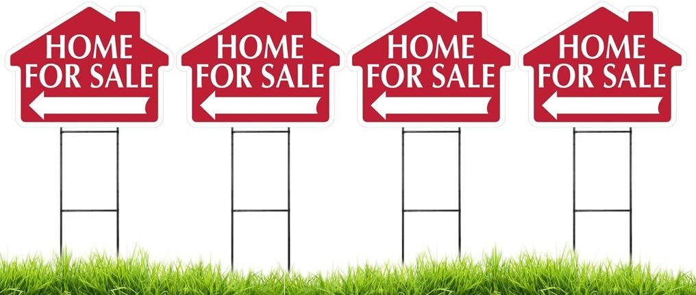 Home for Sale House Shaped Sign Kit with Stands - 4 Pack 4 Signs and 4 Stands Red) Durable Coroplast and Colorfast Ink 18 x 24 Made in The USA