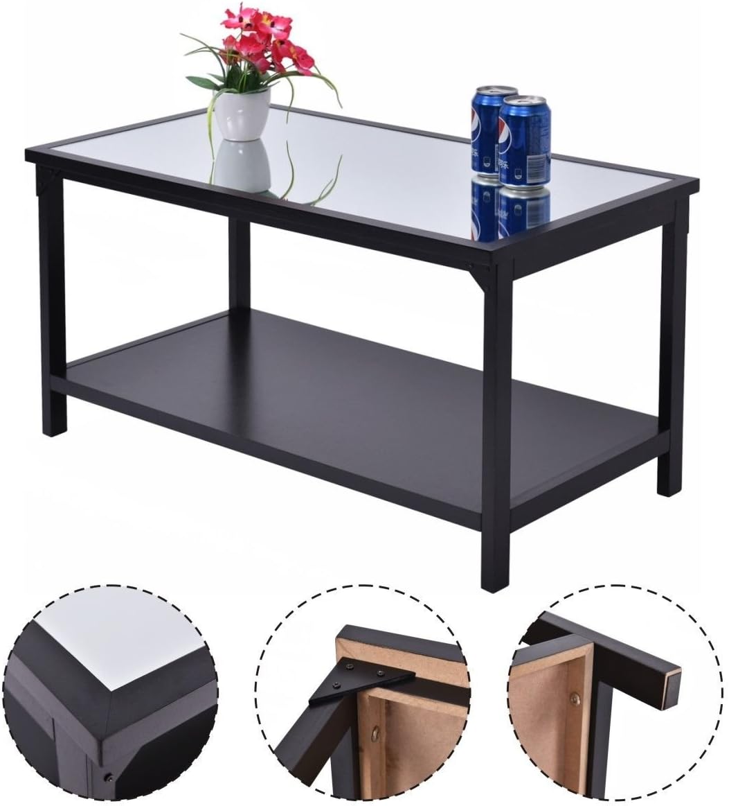 Modern Accent Coffee Tea Table With Glass Top Living Room Furniture Lower Shelf