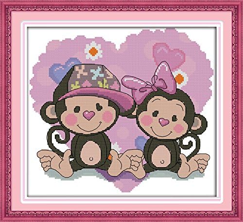 Crossdecor Needlecrafts Stamped Cross Stitch Kits 11 Count Cross-Stitching Set Embroidery Kit, Romantic Monkeys