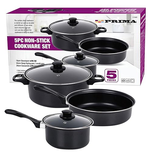 5pc Cookware Set with Lids & Bakelite Handle - Carbon Steel Non Stick Cooking Pan Saucepan Set Pot and Frying Pans | Suitable for Gas, Electric, Halogen, Solid Hotplates - Tempered Glass Lid, Black