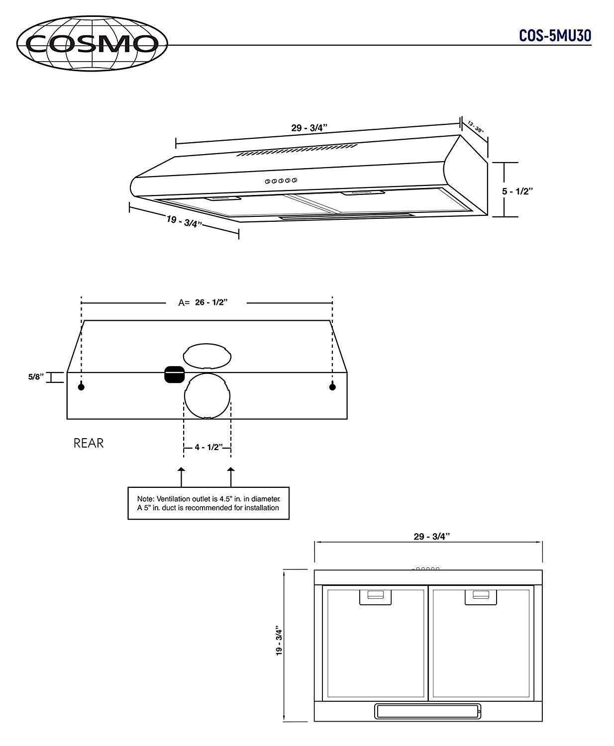 Cosmo 5MU30 30in Range Hood 200CFM Ducted/ Ductless