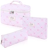 Hatende 3Pcs Cotton Quilted Makeup Bag Set,Large Floral Cosmetic Bag,Aesthetic Toiletry Travel Makeup Bag Set and Cute Flower Bag for Women Girls (Pink Bow)