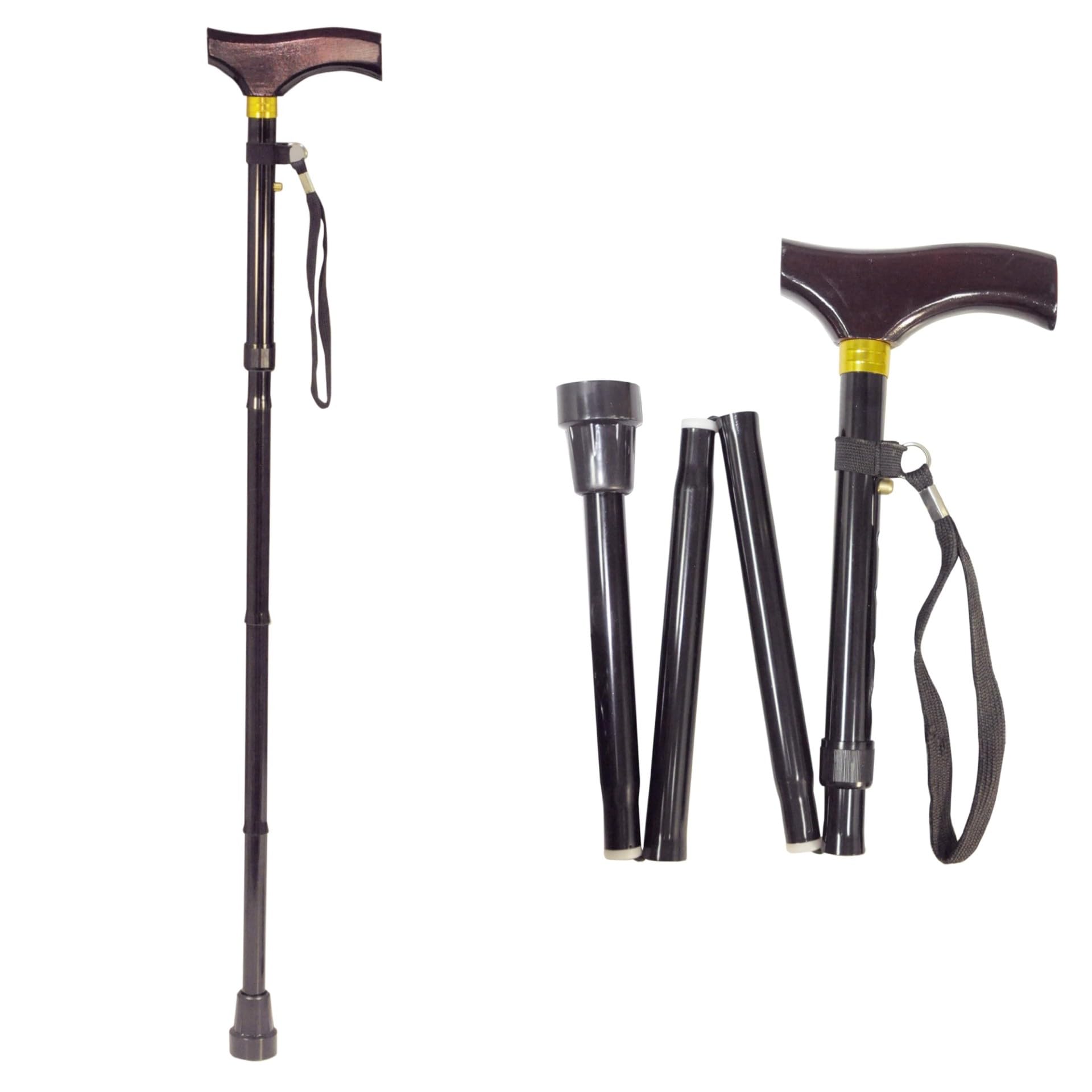 Aidapt Fold Down Adjustable Height Lightweight Walking Stick with Anti Slip Ferrule Foot to Aid Stability and Confidence when Walking Supplied with a Hanging Carry Strap and Wood Handle