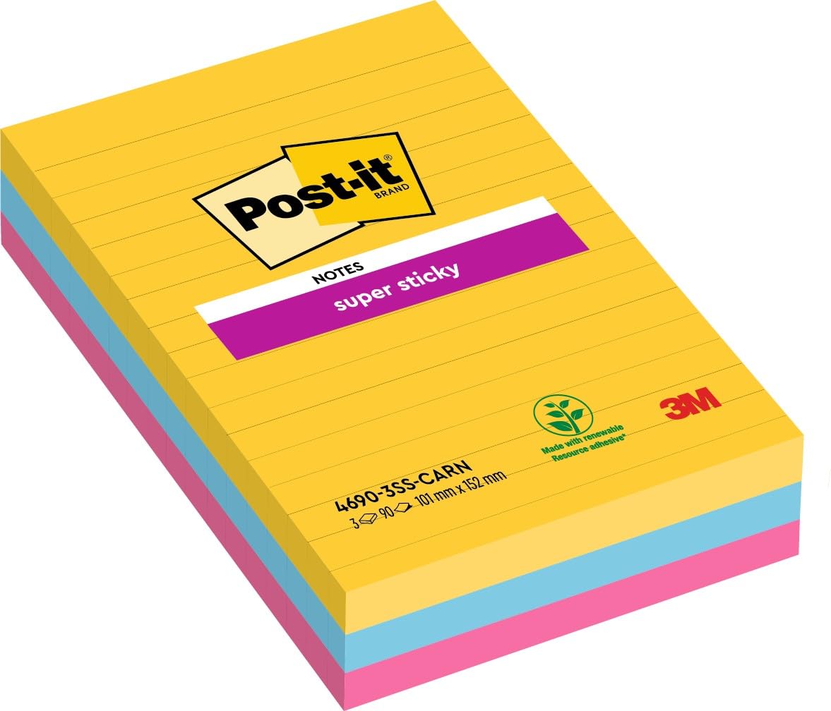 Post-it Super Sticky Large Notes, Lined, 270 Sheets, Pack of 3 Pads, 101 mm x 152 mm - Holds Strong to Many Surfaces - Bright Colours - for Walls, Monitors and Fridge, Recycable