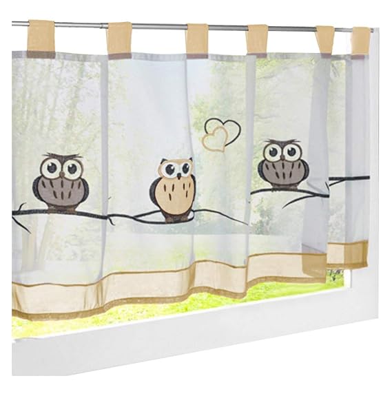 BAILEY JO 1er-Pack Schlaufen Scheibengardine Mit Eule Bestickt Raffrollo Voile Vorhang (HxB 60x120cm, Sand)