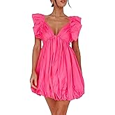 hibshaby Summer Mini Dress Deep V-Neck Babydoll Dress Bubble Dress Backless Lace Up Sexy Short Dress