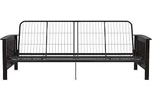 REALROOMS Elbi Full Size Wood Arm and Black Metal Futon Frame, Espresso