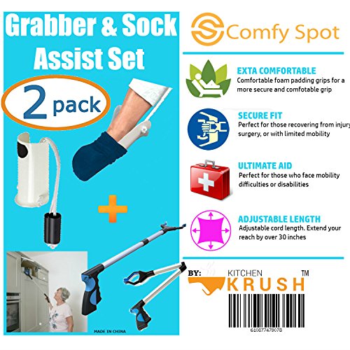 Grabber Reacher Tool & Sock Aid Kit Assist 2 Pack Mobility Tool Kit